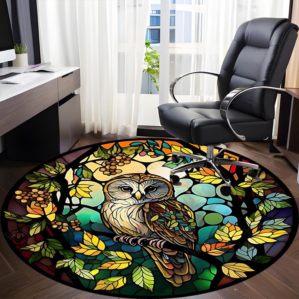1pc Stained Glass Owl Chair Carpet for Office, Round Polyester Mat, Indoor Decor for Office, Easycare Fabric, Washable Non-slip Area Carpet
