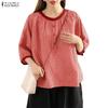 ZANZEA Women Casual Round Neck 3/4 Sleeve Grid Print Loose Blouse