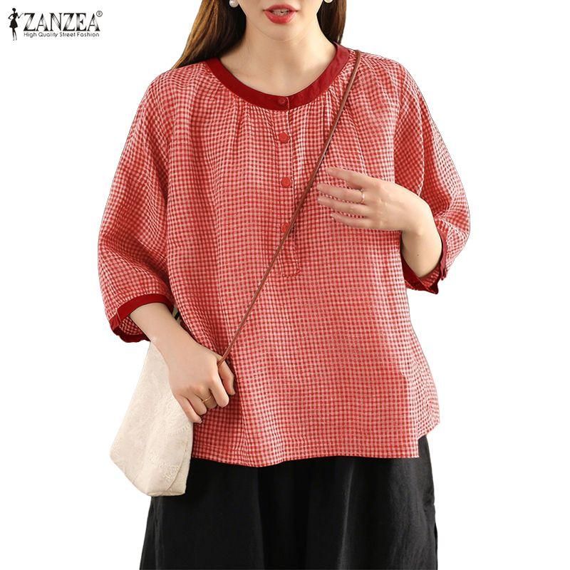 ZANZEA Women Casual Round Neck 3/4 Sleeve Grid Print Loose Blouse