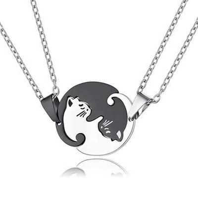 Collier Puzzle Couple Chat Noir & Blanc - Acier Inoxydable Cadeau Saint-Valentin & Anniversaire