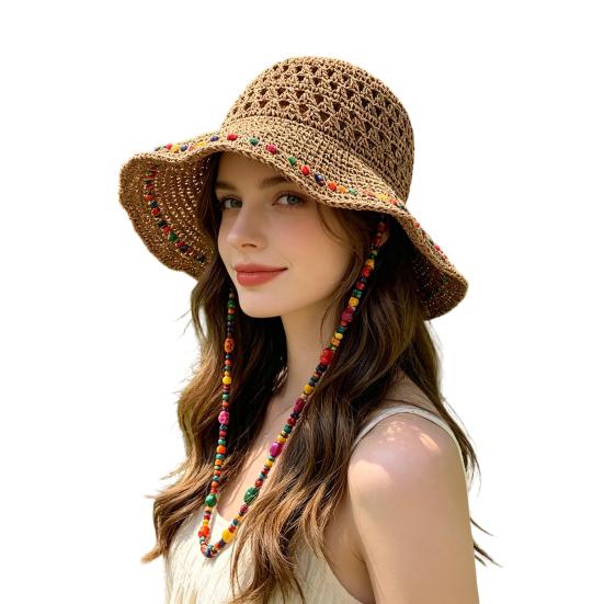 

Straw Hat High-Density Hand-Woven Straw Fabric Wide Brim Fisherman Hat with Adjustable Strap Colorful Beads Outdoor Sun Hat хаки