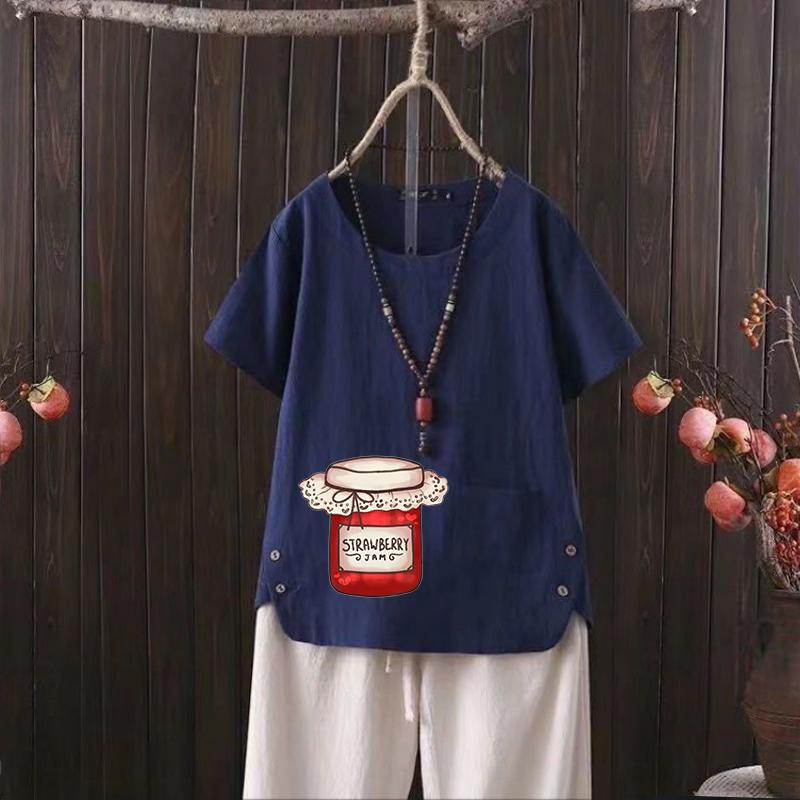 

New Cartoon Can Print V-neck Cotton Hemp T-shirt for Women - 2025 Summer Light & Stylish 4XL темно-синий