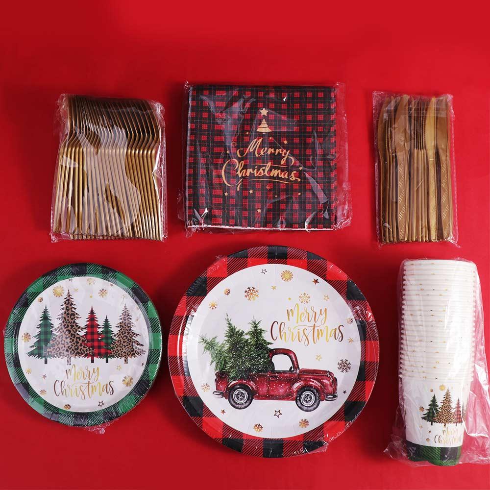 Plaid Print Christmas Disposable Tableware Set Serves 24 Disposable Paper Tableware  New Year