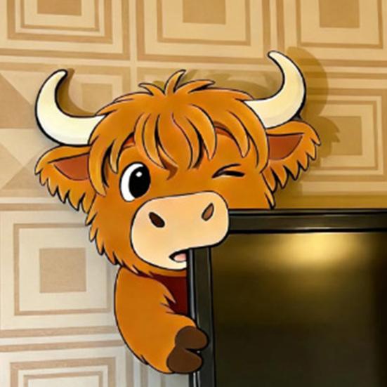 Cute Highland Cow Door Topper Small Wooden Door Frame Corner Sign Cartoon Cattle Computer Monitor Decor for Living Room Bedroom Office