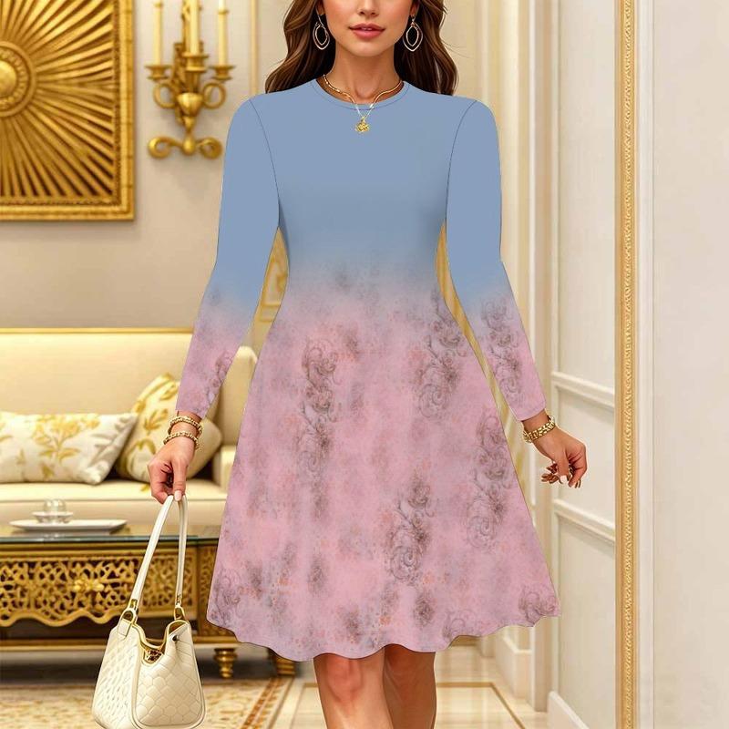 Women's Bohemian Casual Midi Dress Print Round Neck Long Sleeve A Line Loose Swing Dresses