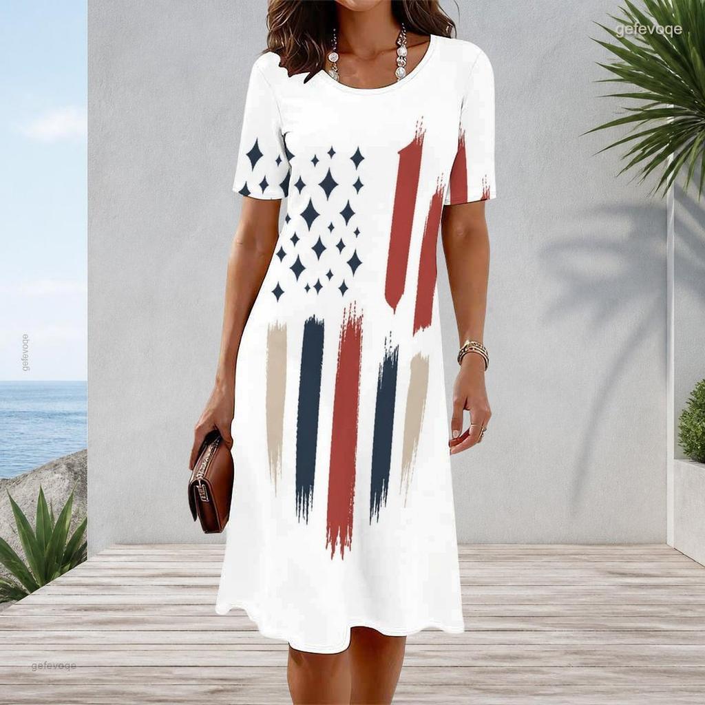 Women Plus Size Round Neck Short Sleeve American Flag Printed White A Line Dress