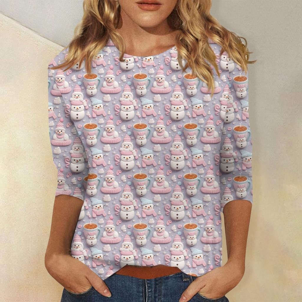 Women's Fashionable Casual Three-Quarter Sleeve Christmas Print Round Neck Top