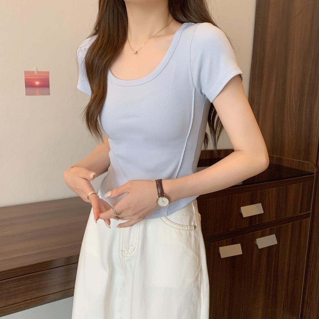 Fashion korean blue Women T-shirts summer short Sleeve U-neck casual Slim solid Simple irregular short t shirt Ladies y2k crop Tops Clothes