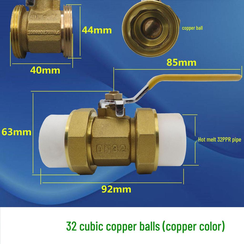 Zawór kulowy miedziany PPR: 20mm Podwójne Złącze, 25mm Rura Wody Kranowej, 32mm Zgrzewane na Gorąco, 40mm Ogrzewanie, 50mm Zawór, 63mm Przełącznik.