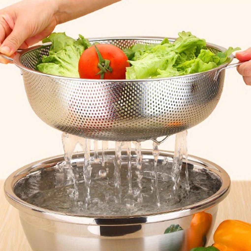 Kitchen Handle Stainless Steel Strainer 2-piece Set Fruit and Vegetable Washing Bowl
