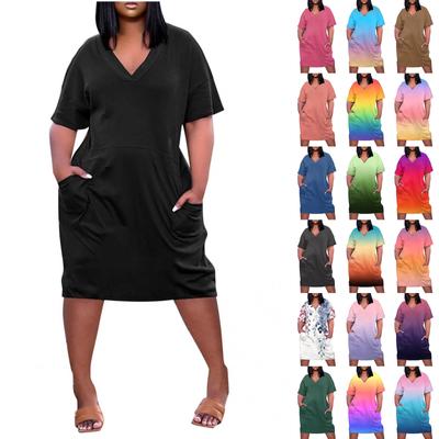 Summer Plus Size V Neck Short Sleeve Knee Pocket Gradient Print Casual Dress For  Women