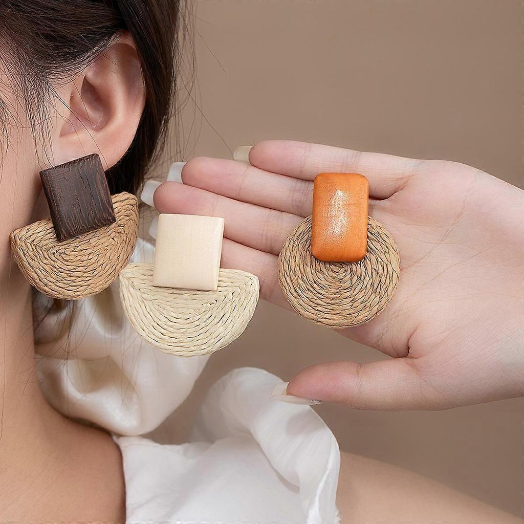 Earrings, Bohemian Raffia Wooden Geometric Handmade Braided Vintage Vacation Travel Style