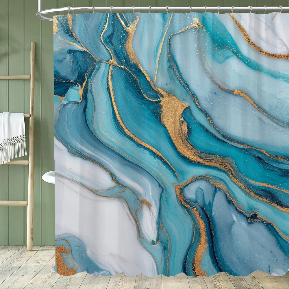 Blue Gold Textured Marble Shower Curtain Black White Natural Art Pattern Polyester Fabric Washable Shower Curtain Bathroom Decor