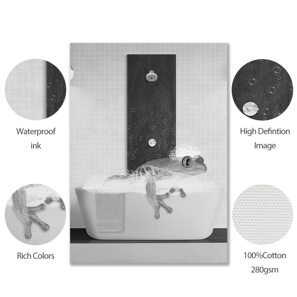 Funny Frog In Bathroom Print Art Toilet Wall Black White Poster Whimsy Animal Reading Newspaper Canvas Painting Room Home Decor