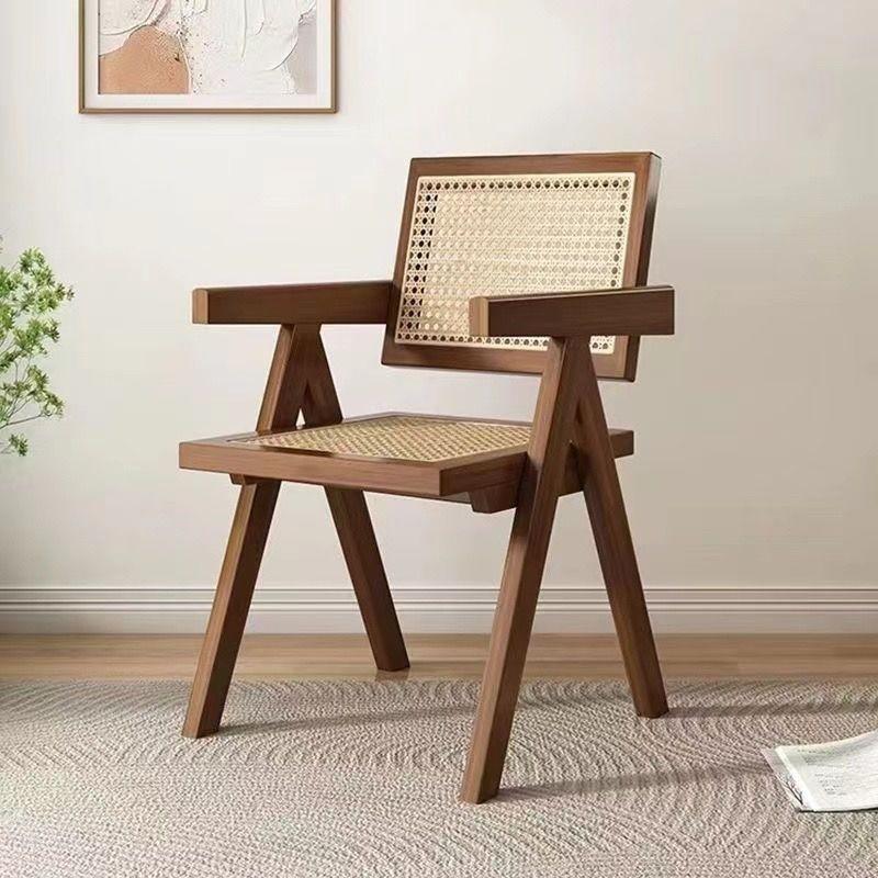 Living Room & Kitchen Wooden Chair with Hand-Woven Rattan Backres Home Leisure Chair Mid-Century Rattan Chairs