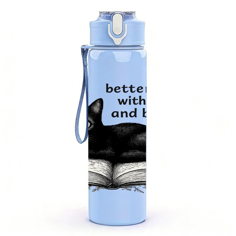 1PC Black Cat Reading Book Print 750ml Color Plastic Sports Water Bottle Leakproof Flip Straw Lid Suitable for Sports Office Home Use