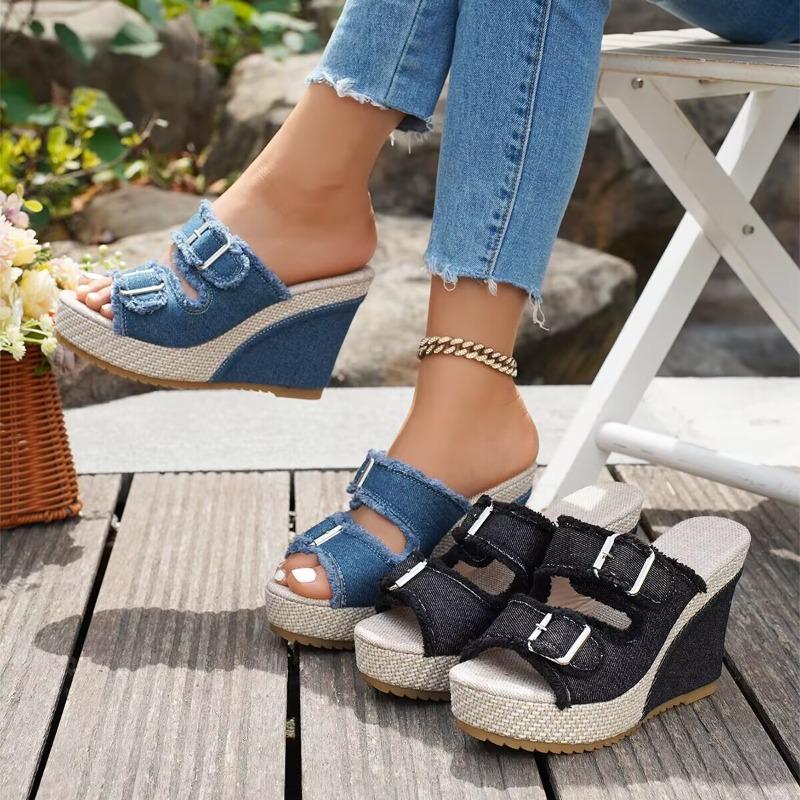 Sandali da Donna con Zeppa Piattaforma Estate Intreccio di Paglia Suola Spessa Ciabatte in Denim Sandalo alla Moda Casual con Cinturino a Doppia Fibbia