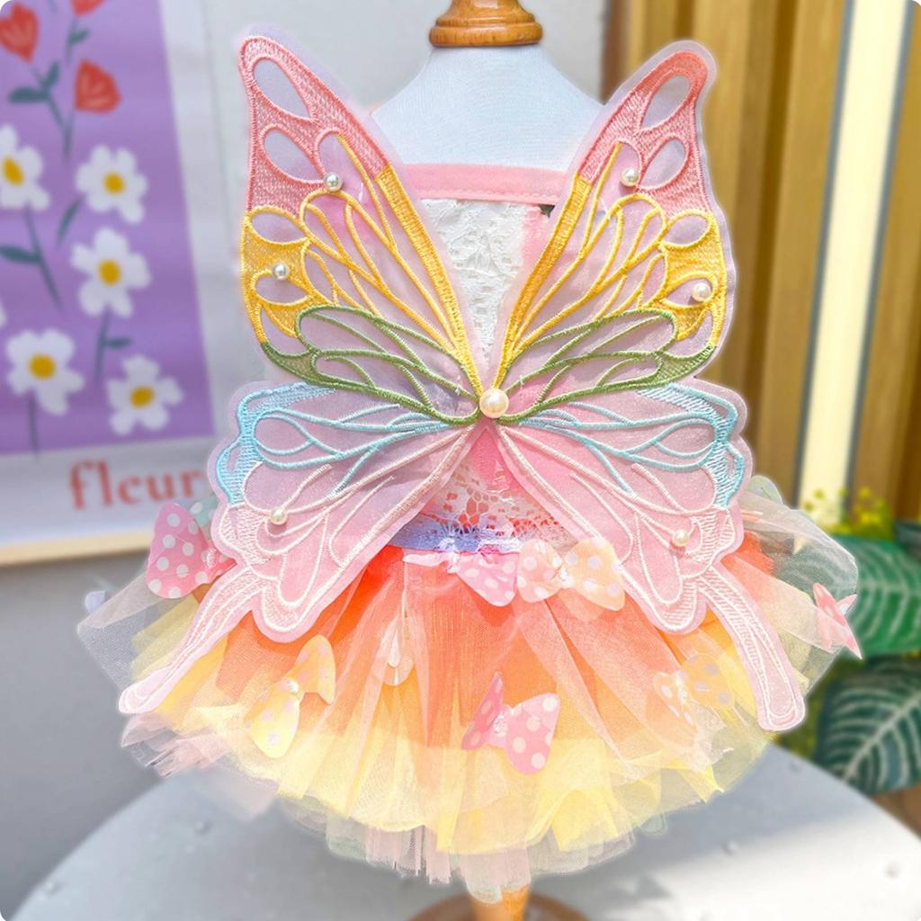 Rainbow Fairy Pet Dress Crystal Embellished Rainbow Tulle Pet Dress Summer Puppy Frilly Skirt for Small Dogs, Holidays