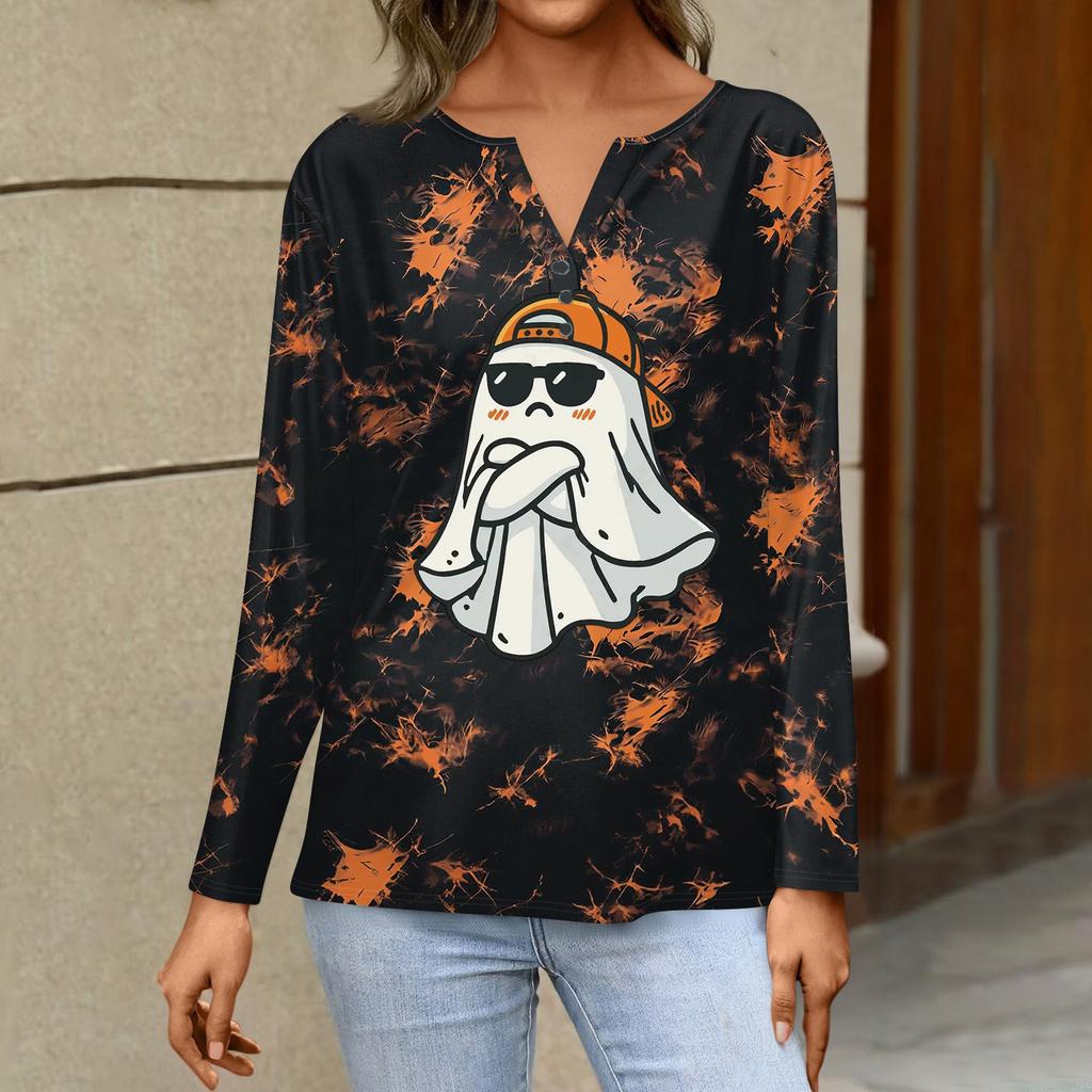 Women's Casual Long Sleeve T-Shirt with Halloween Print V-Neck and Button