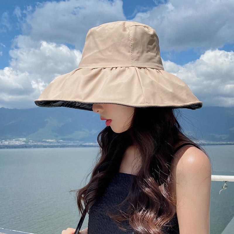 Sunscreen visor hat women's summer vinyl empty top sun hat light big brim face covering foldable bucket hat