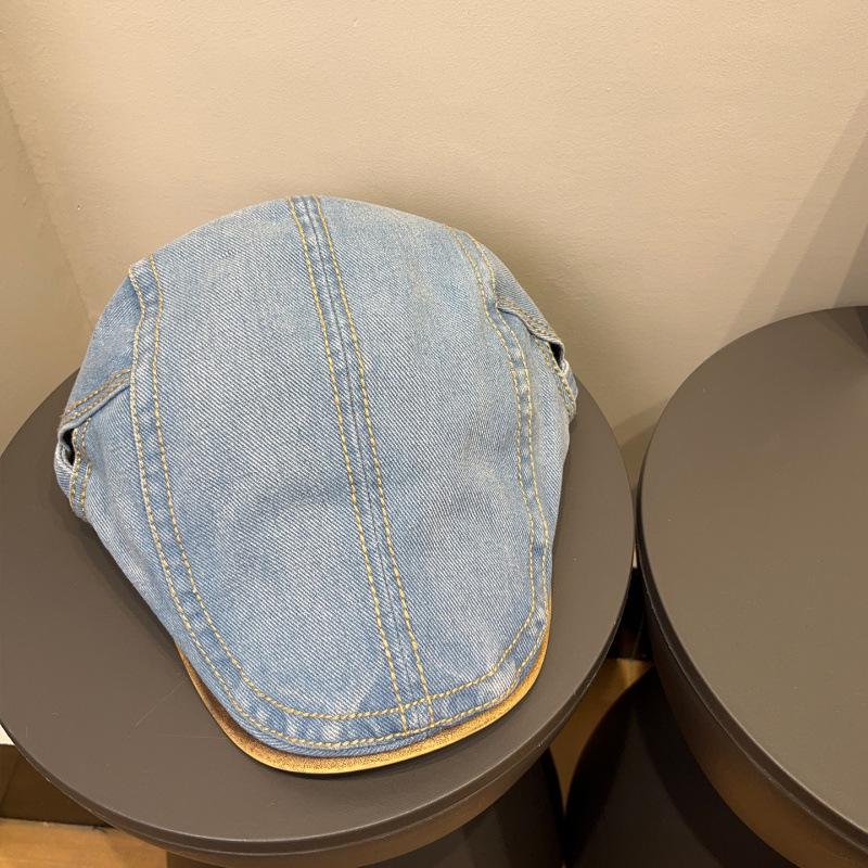 Women's Retro Washed Denim Duckbill Flat Cap with PU, Versatile Face Slimming Design, Spring-Autumn Backwards Beret.