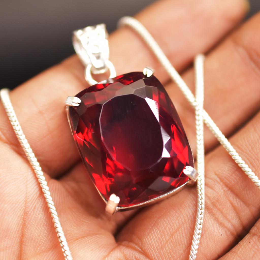Natural 925 Sterling Silver Red Topaz Pendant Cushion 74.65 Ct Gems Certified My-405-k