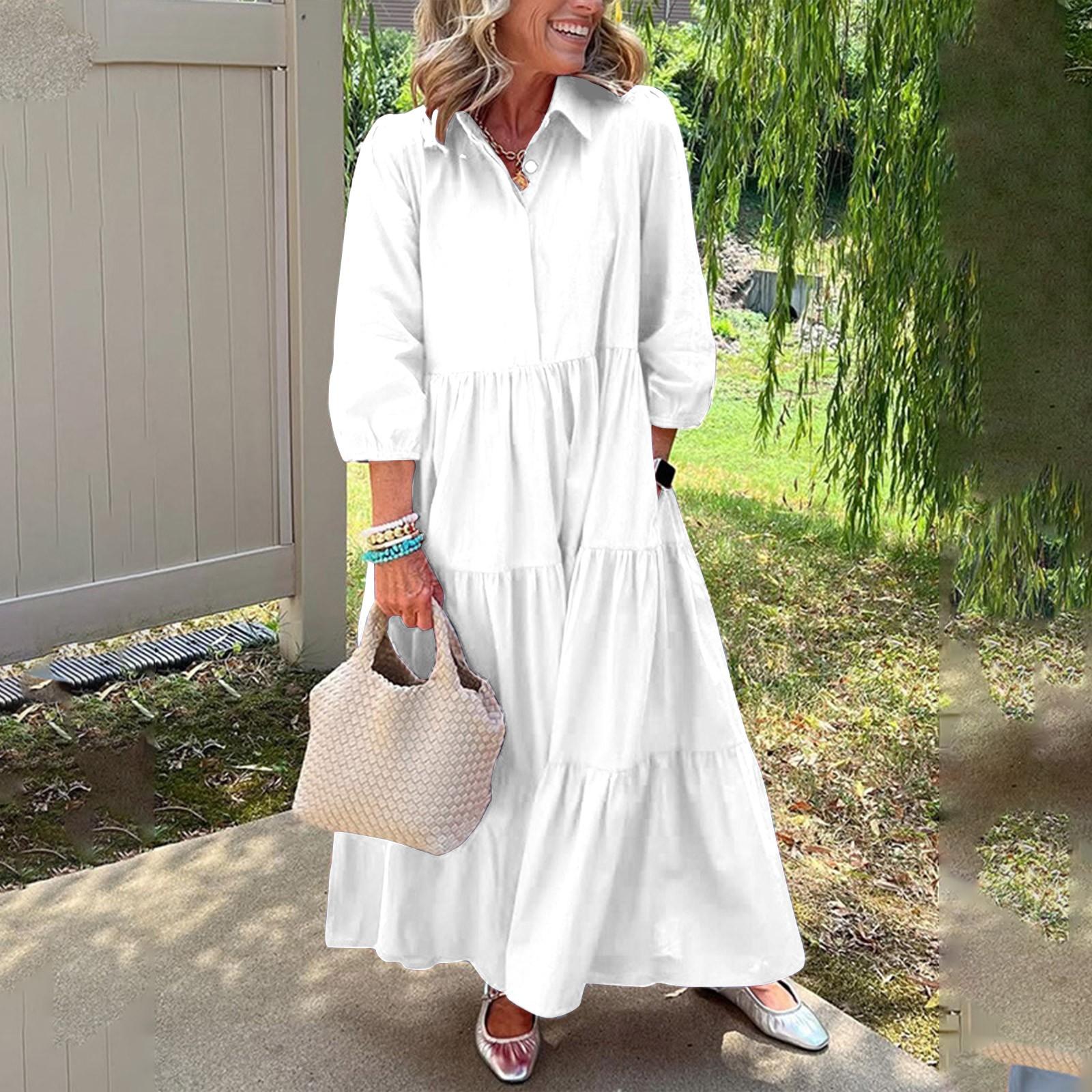 

Women s Casual Fashion Shirt Dress Button Collar Layered Flowing Maxi Dress S білий