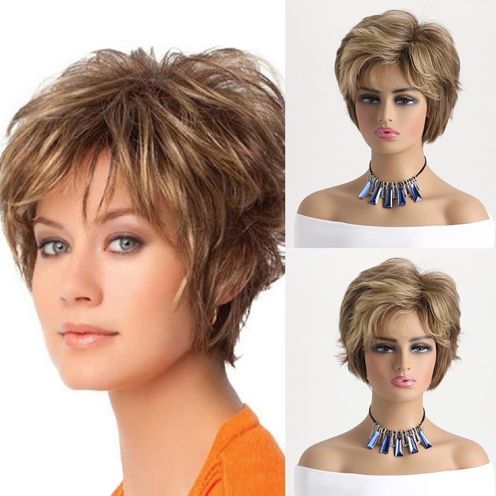 

Коротке коричневе змішане світле волосся для жінок Натуральні зачіски Мамин перуку з чубчиком Повсякденна щоденна заміна Волосся з термостійкого волокна коричневий