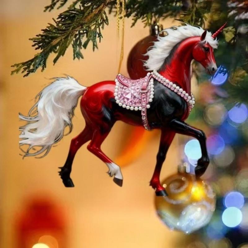 2D Acrylic Horse Charm Car Rearview Mirror Pendant Christmas Tree Hanging Home Decoration New Year Party Ornament Gift