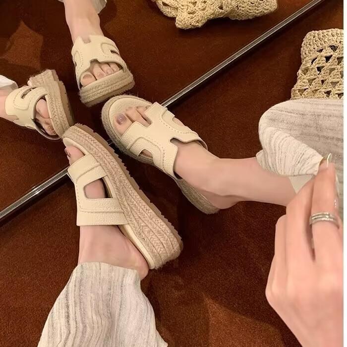 Grape Mother Studiolee Increased by 6cm~ Ruth Has the Same Retro One-word Thick-bottomed Slope Heel H Cool Slippers for Women's Summer