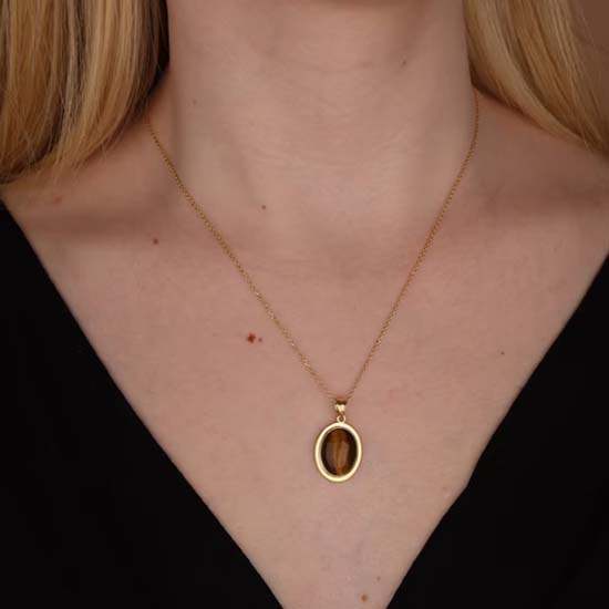 Tiger Eye Oval Gemstone Necklace, Statement Jewelry, Designer Necklace, Yellow Gold Jewelry, Gift For Her, Boho Jewelry, 925 Sterling Silver