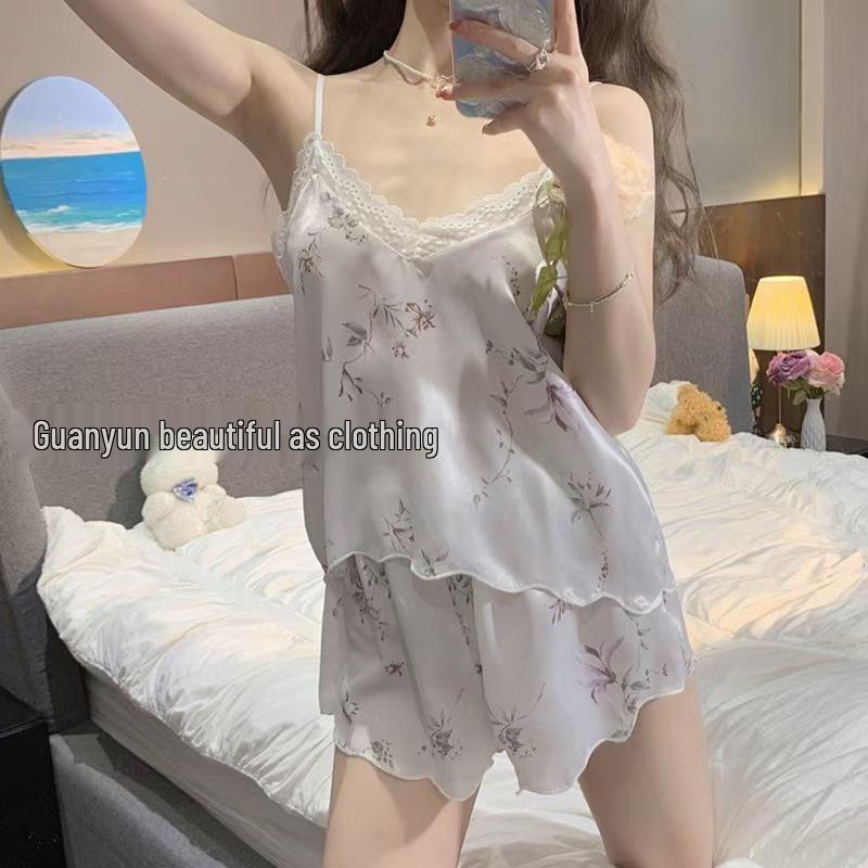 Silk Lace Trim Backless Camisole & Nightgown Set for Women