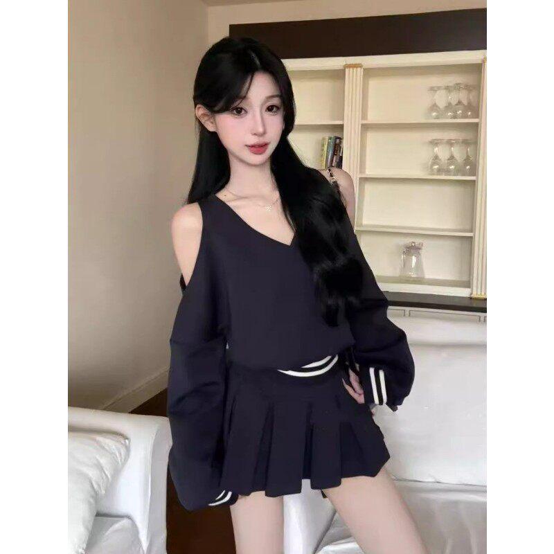 

Early Spring Korean Style Off-Shoulder Long Sleeve Top & High Waist Pleated Skirt Two-Piece Set for Women L