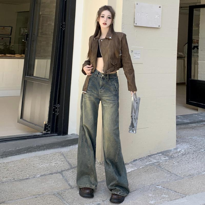 

Женские джинсы Four Seasons American Washed Retro Wide Leg 2024 с завышенной талией и универсальными потертыми прямыми брюками XL