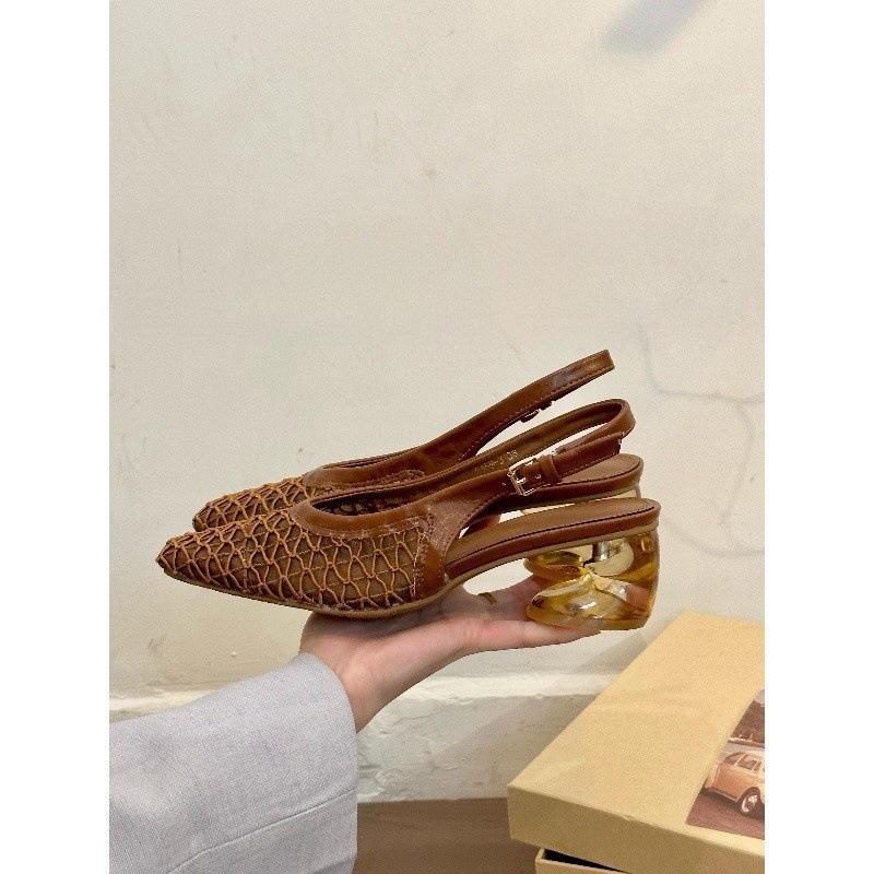 Modern heroine! Temperament square head woven bag head rear empty sandals women's spring 2025 crystal heel single shoes