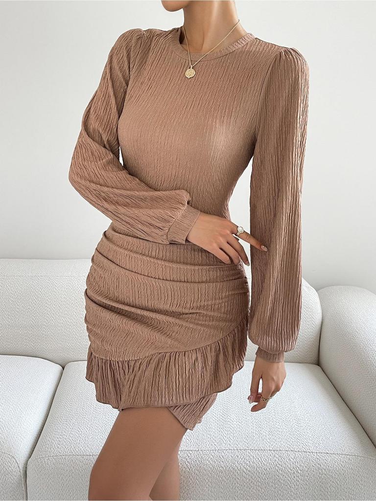 Abito in maglia con scollo tondo, elegante abito attillato per donna, manica lunga, tinta unita, abiti larghi, abito con bordo a foglia di loto