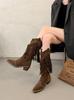 Autumn/Winter Style Pointed Tassel Rider Boots, Chunky Heels, High Heels, Tall Boots With Rivets, V-Neck High-Top Martin Boots For Women