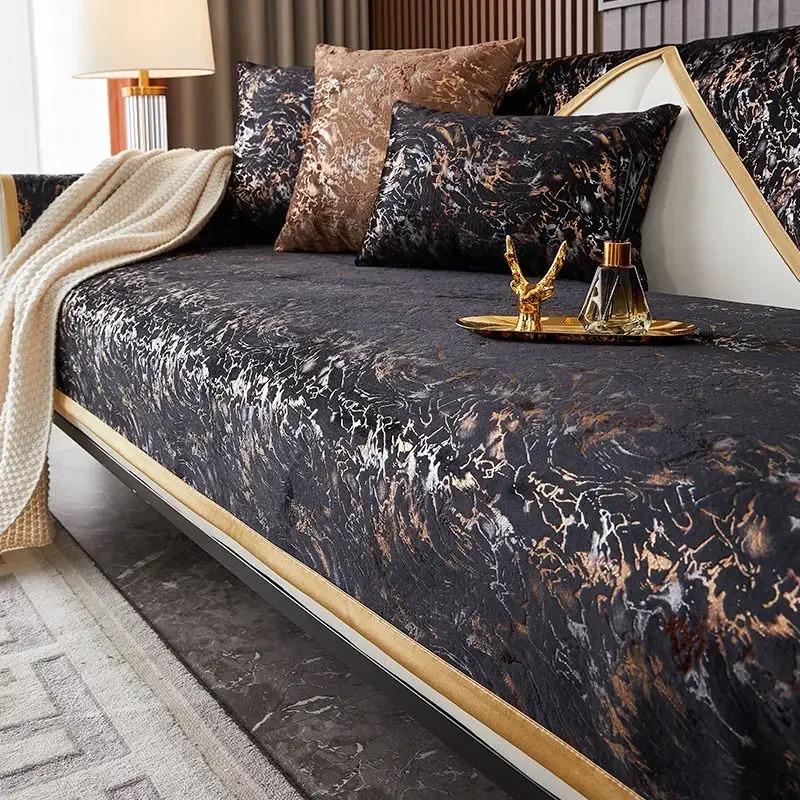 Luxury Embroidery Velvet Sofa Cover for Living Room, Non-Slip, Stamping Stripes, Cushion Mat, Sofa Towel, Home Couch Decor