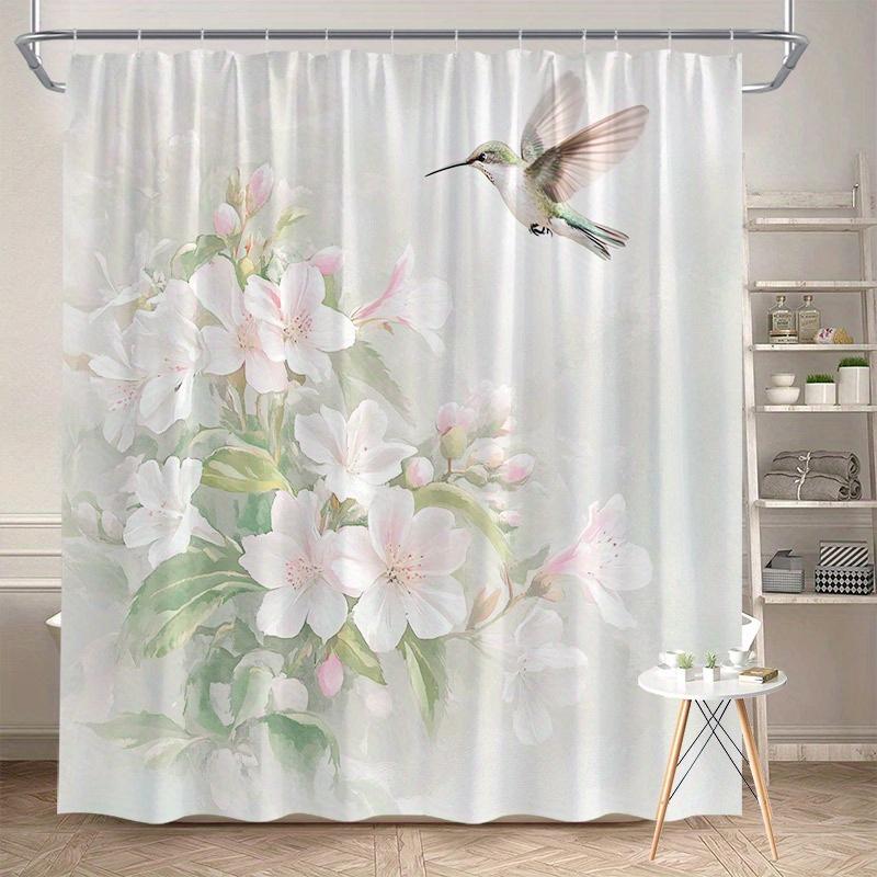 

Hummingbird Flower Shower Curtain Pink Blossoms Watercolor Art 3D Printed Waterproof Bathroom Decor Nature Theme Home Textile W60H190(CM)-1 Pcs