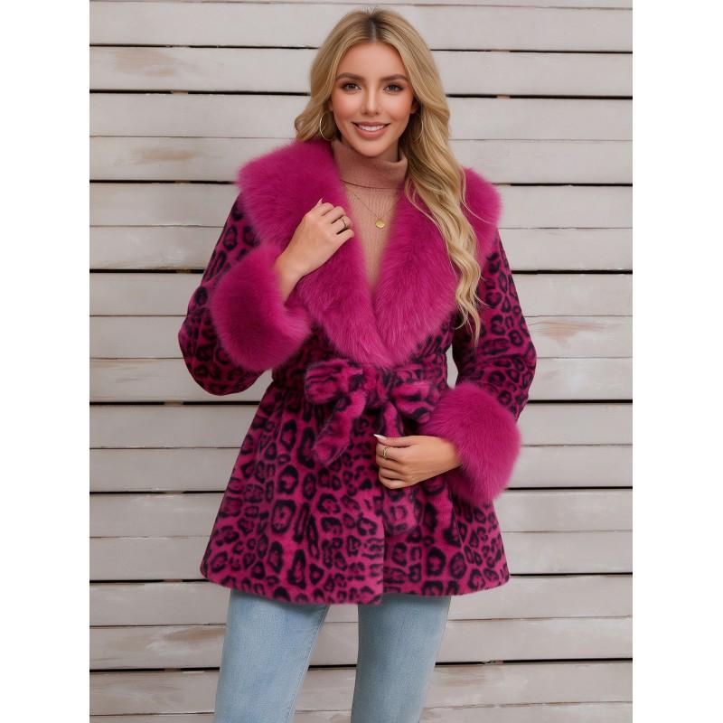 Womens Short Faux Fur Coat Leopard Print Belted Warm Leather Plush Outerwear