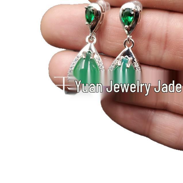 Ice Jade Green Chalcedony Water Drop Earrings with Agate and Diamond Inlay