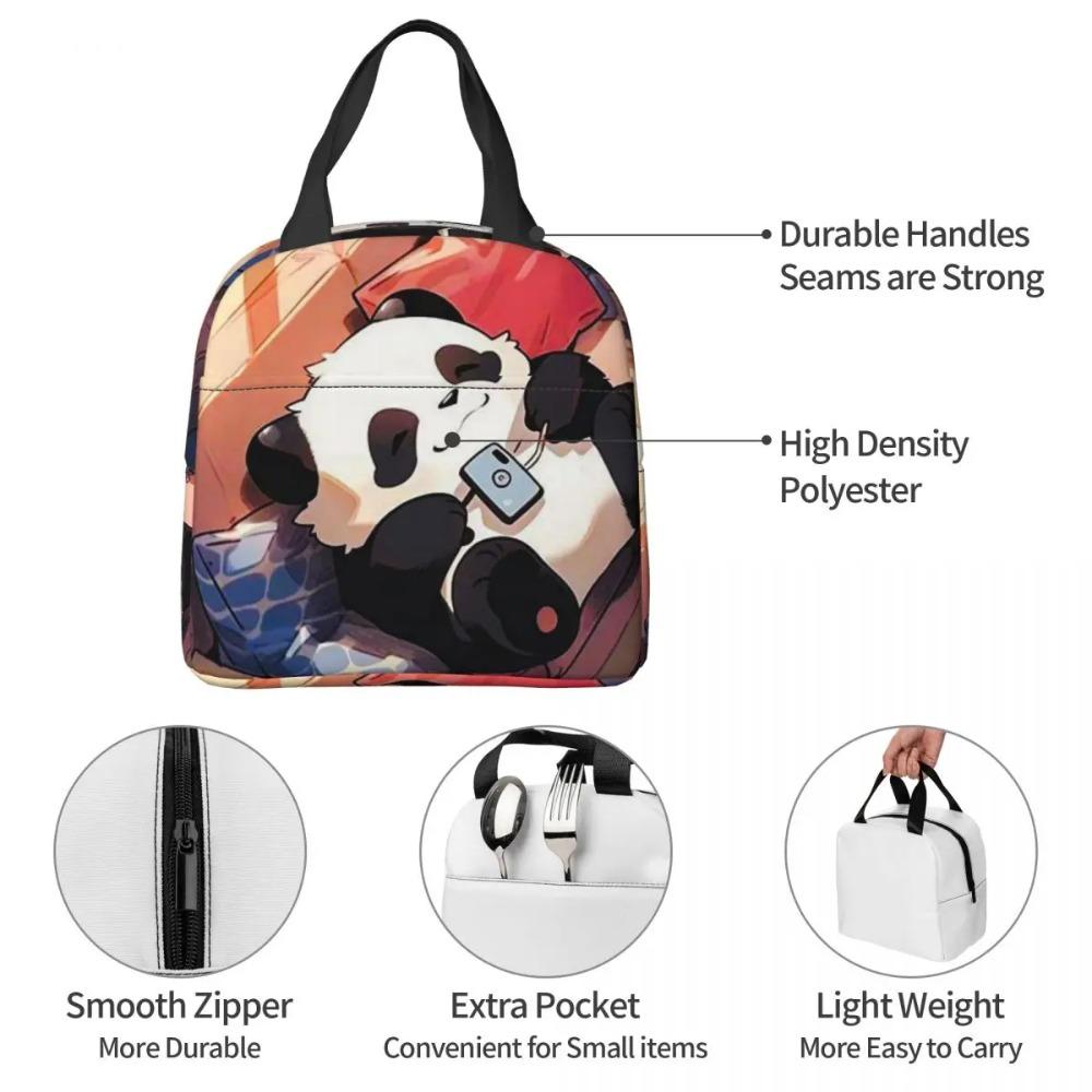 Cartoon Panda Playing With Mobile Phone Insulated Lunch Bag for Women Children Portable Food Boxes Thermal Lunch Box Tote