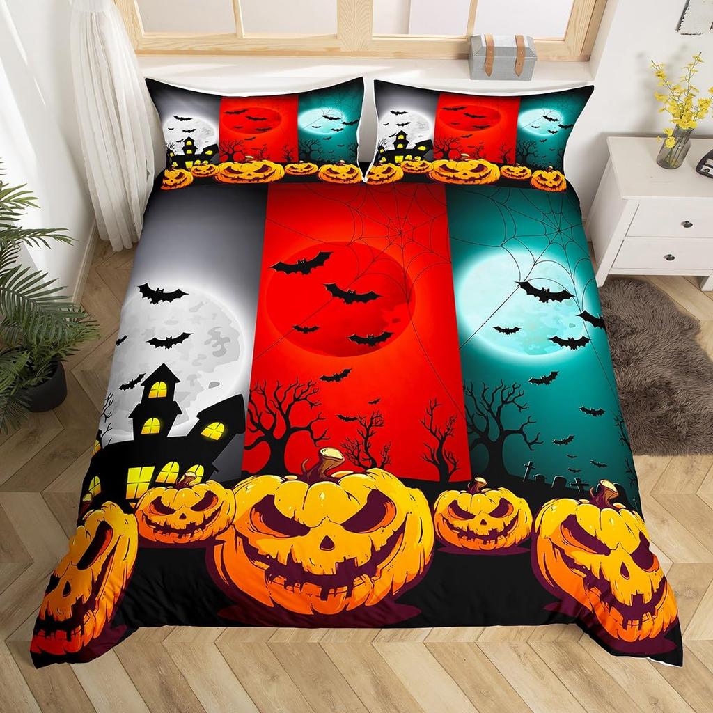 Halloween Bedding Set Full, Pumpkin Lantern Duvet Cover Castle Bat Pattern Comforter Cover, Cartoon Horror Festival Quilt Cover