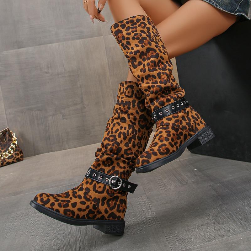 Camurça Mulher Leopardo Botas de Cano Alto Sexy Salto Alto Designer Sapatos Chunky Tendência Inverno 2025 Gótico Festa Scarpins Chelsea Botas Mulher