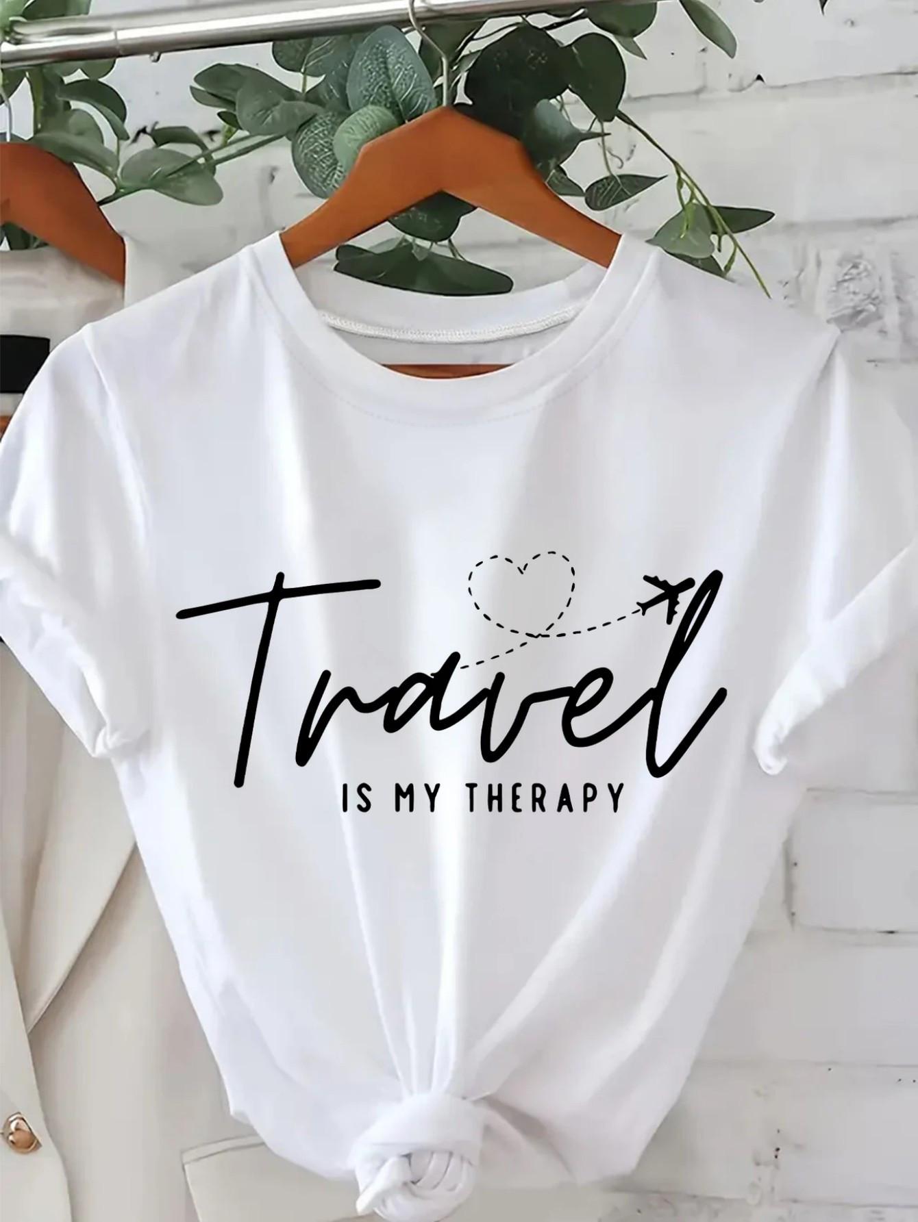 Travel Is My Relax  Graphic T-Shirt Fit Short Sleeve Round Neck Casual Top for Summer Woman Breathable Cute Aesthetic Shirt Tee S