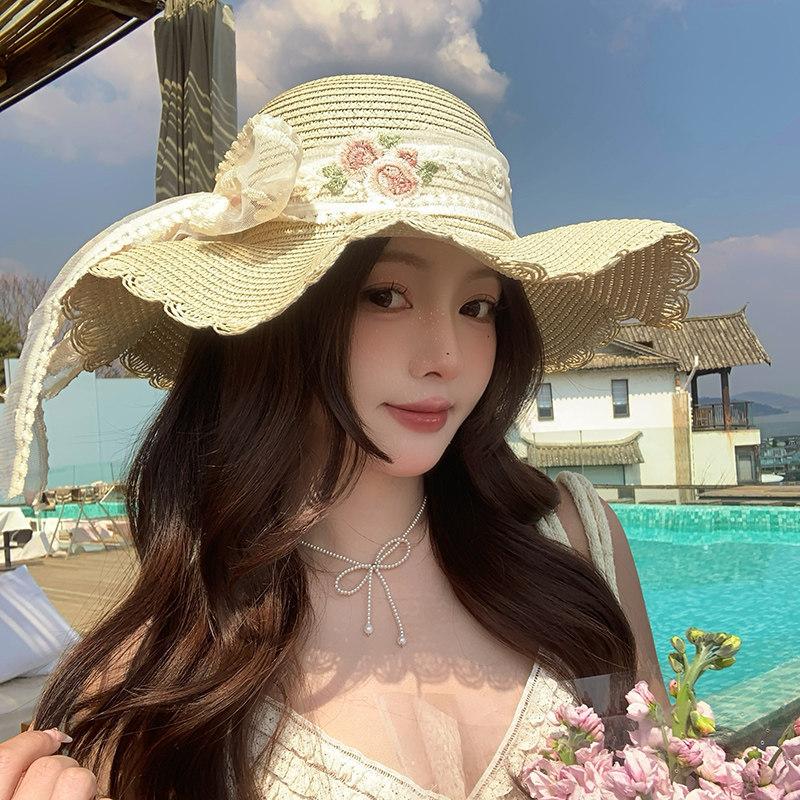 Summer Bow Big Brim Sunshade Straw Hat Female Sweet and Cute Seaside Sunscreen Beach Vacation Hat Big Brim Hat