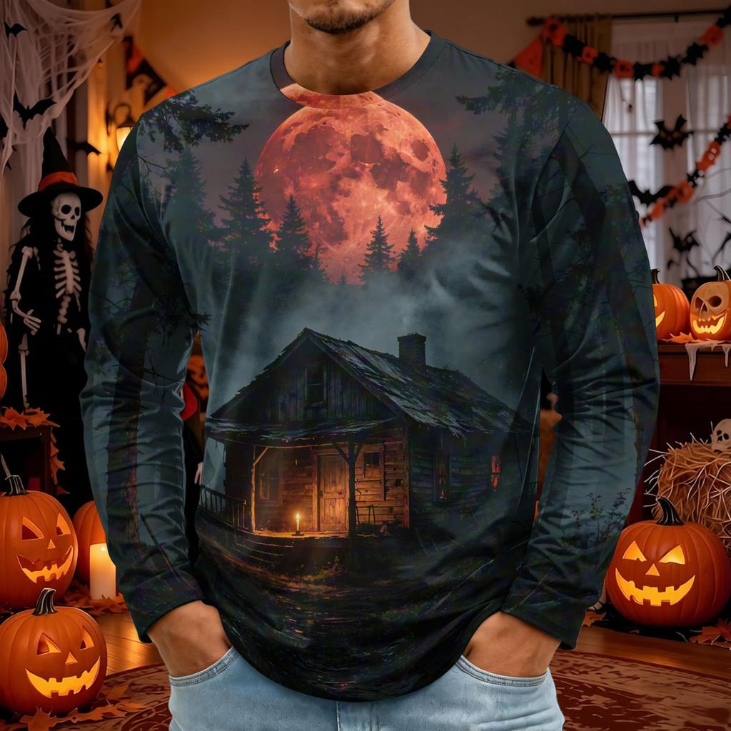 Men's Halloween Print Long Sleeve Neck T-Shirt for Holiday Party