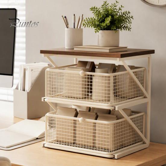 Coffee Pods Holder Station Organizer with Drawer, Tiered Bar Organizer, Wooden Top Shelf, Countertop Storage Rack Wire Mesh Drawers for Tea