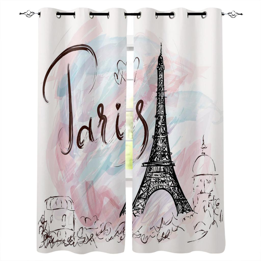 Paris Architecture Pink Window Curtains Bedroom Kitchen Curtain Panel Christmas Home Decor Curtains for Living Room