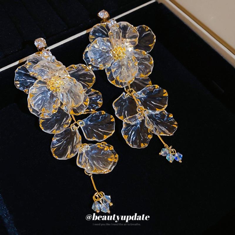 Silver Needle Diamond Acrylic Flower Fringed Earrings Super Immortal Sweet Temperament Exaggerated Earrings Light Luxury Premium Earrings